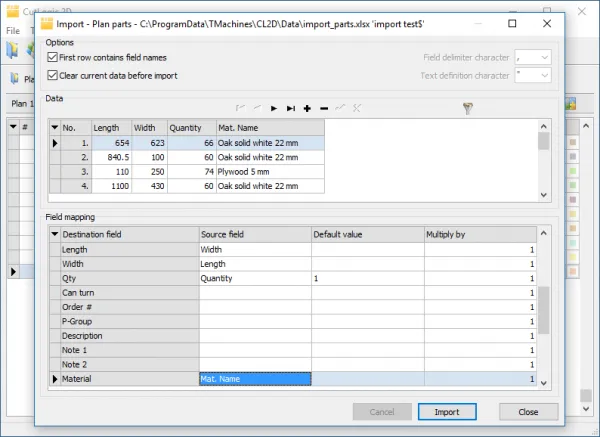 cutlogic 2d import fields mapping