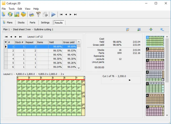 cutlogic 2d cutting plan results - cutting layouts