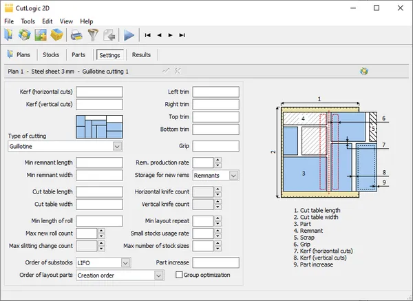 cutlogic 2d cutting plan settings